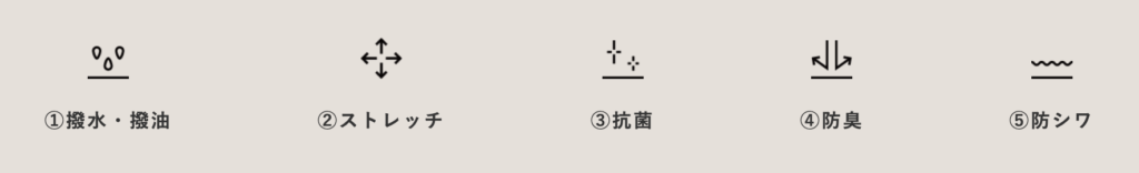 撥水、撥油、ストレッチ、抗菌、防臭、防シワ