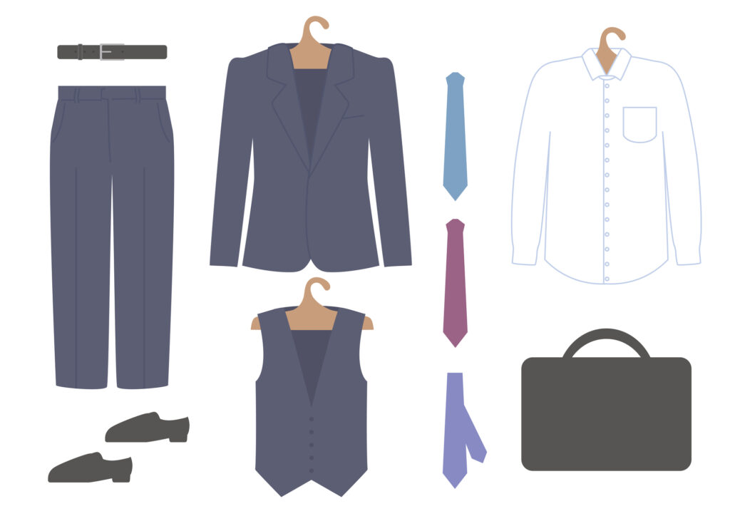 スーツと小物のイラスト（ベルト、ネクタイ、革靴、ビジネスバッグ）